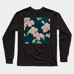 Pink Hydrangeas on Dark Green Floral Chiyogami Pattern Long Sleeve T-Shirt